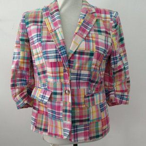 Lord & Taylor Pinks Blues Madras Patchwork Plaid 3/4 Sleeve Blazer/Jacke…